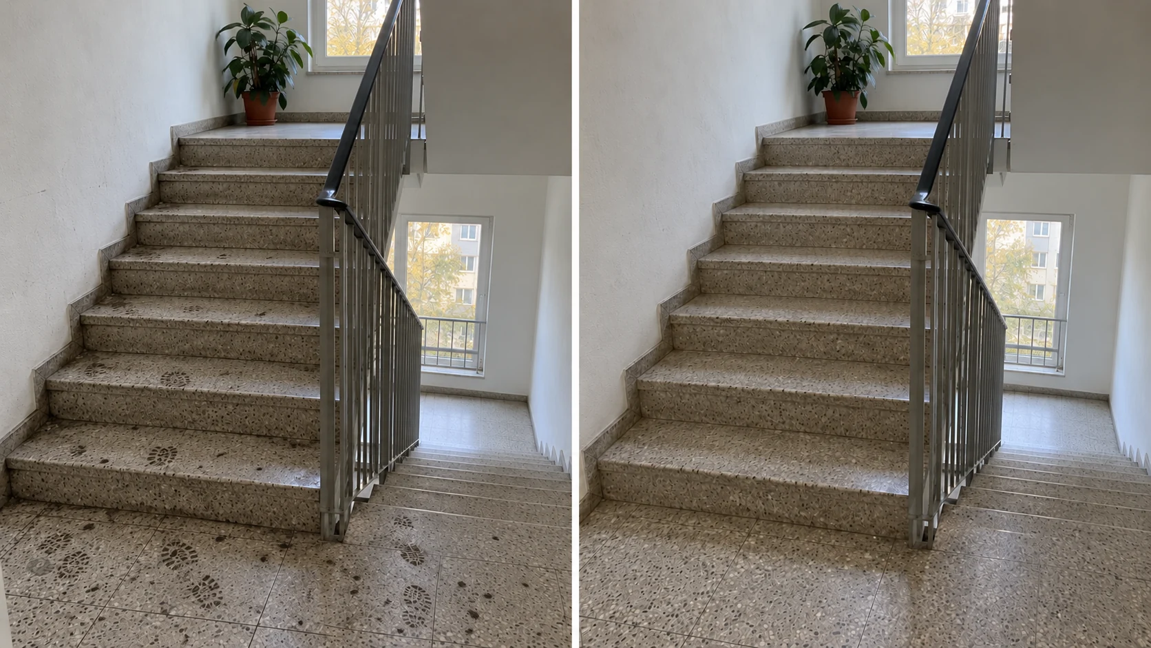 Bildpaar eines Treppenhauses vor und nach der Reinigung